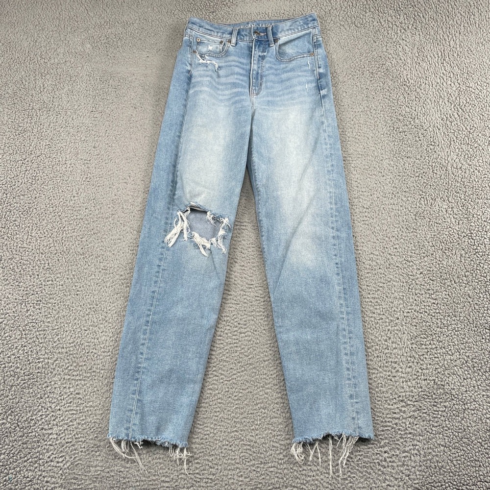 American Eagle Jeans Womens 2 Blue Highest Rise Baggy Straight Distressed Denim